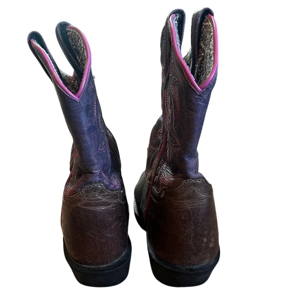 Dan Post Brown Leather Purple Embroidered Western Cowboy Boots Youth 5.5